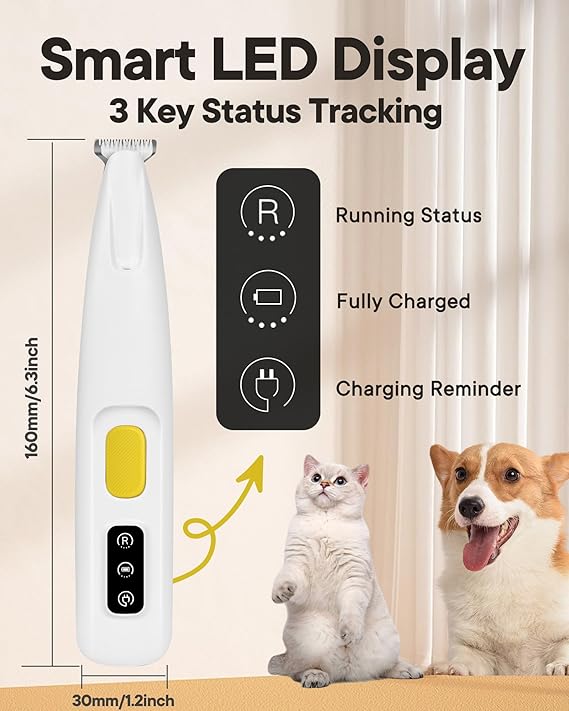 Dog Paw Trimmer LED Light, Waterproof Pet Hair Clipper, LED Display, 18mm Blade.
